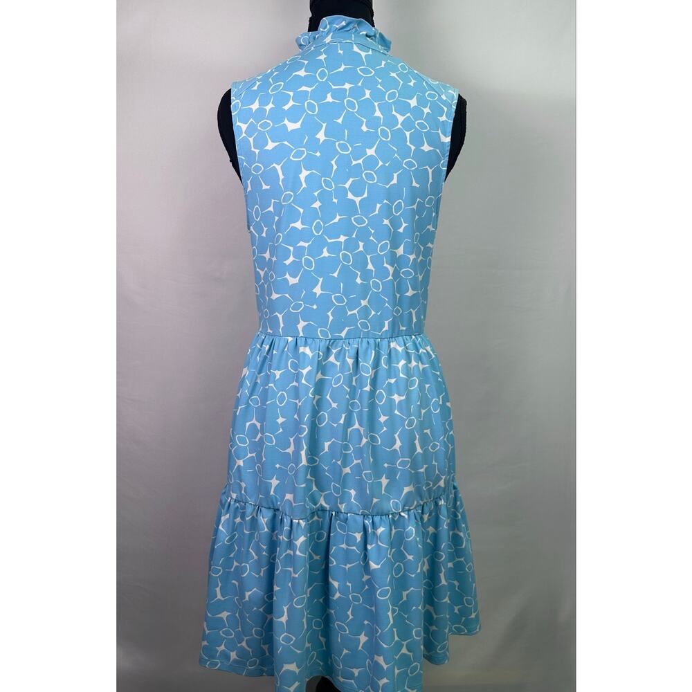 Mahi Gold Blue & White Geometric Tiered Dress Sleeveless Ruffle Neck Size Small - Picture 3 of 8